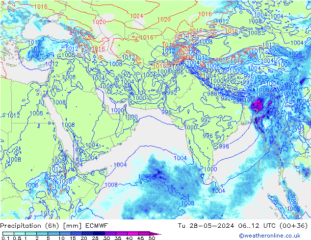 Precipitation (6h) ECMWF Út 28.05.2024 12 UTC