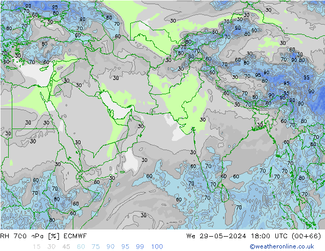 Humidité rel. 700 hPa ECMWF mer 29.05.2024 18 UTC