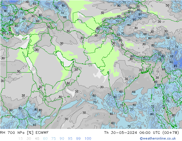 RH 700 hPa ECMWF Qui 30.05.2024 06 UTC