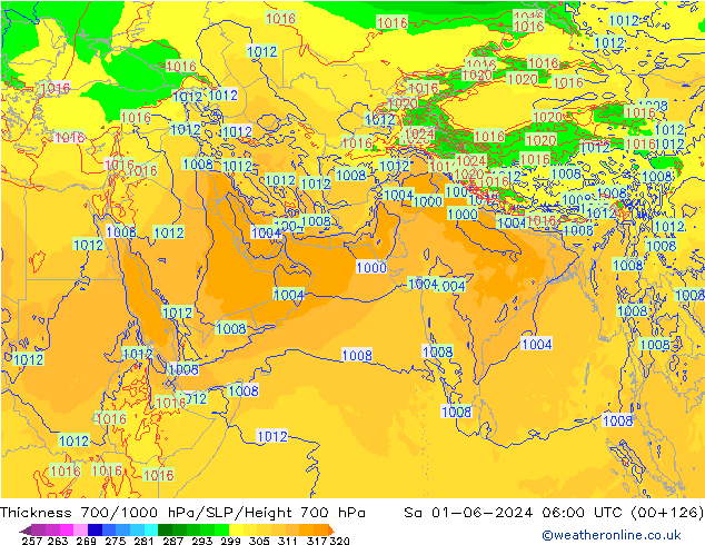 Thck 700-1000 гПа ECMWF сб 01.06.2024 06 UTC