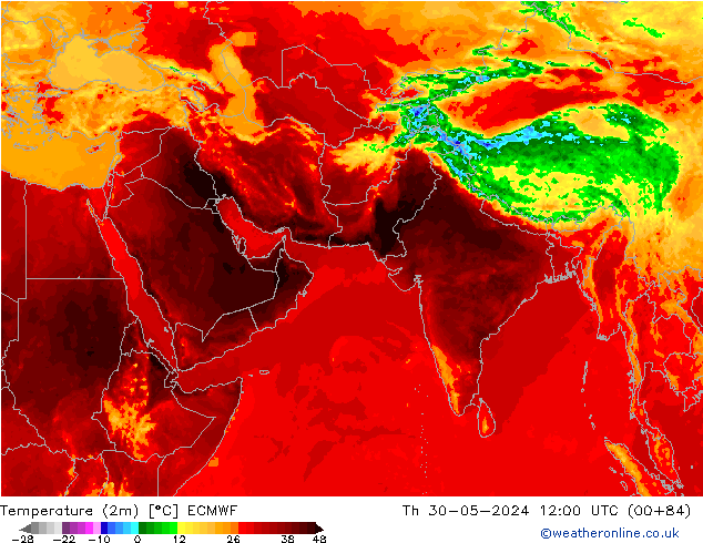 Temperatuurkaart (2m) ECMWF do 30.05.2024 12 UTC