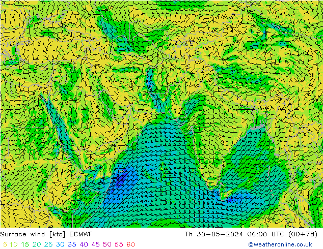 Vento 10 m ECMWF Qui 30.05.2024 06 UTC