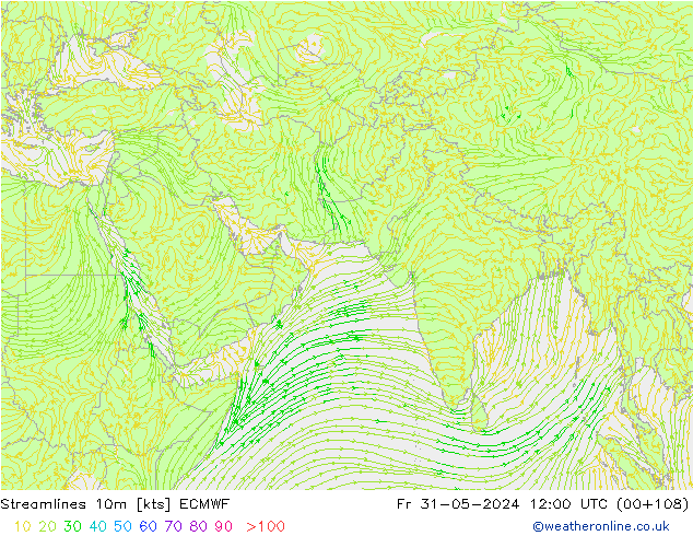 Linia prądu 10m ECMWF pt. 31.05.2024 12 UTC