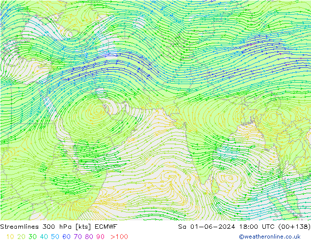 Streamlines 300 hPa ECMWF Sa 01.06.2024 18 UTC