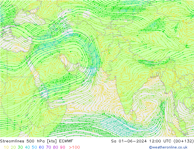 ветер 500 гПа ECMWF сб 01.06.2024 12 UTC