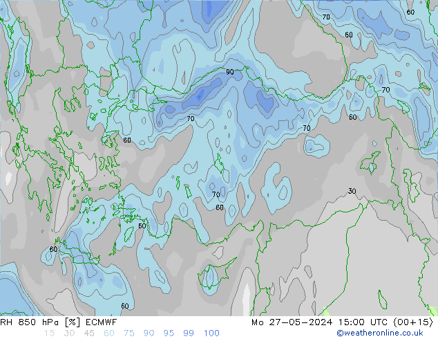 Humedad rel. 850hPa ECMWF lun 27.05.2024 15 UTC