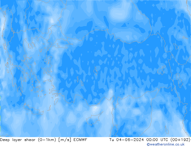 Deep layer shear (0-1km) ECMWF mar 04.06.2024 00 UTC