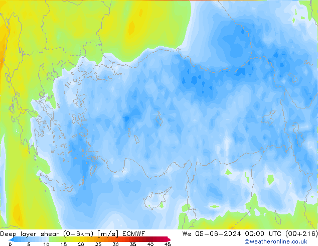 Deep layer shear (0-6km) ECMWF  05.06.2024 00 UTC