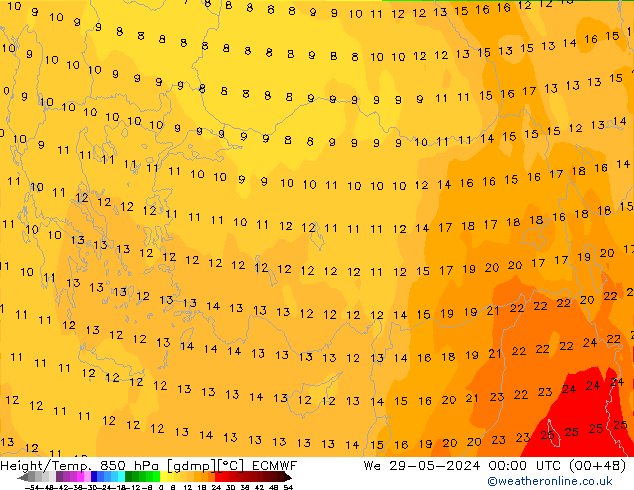 Hoogte/Temp. 850 hPa ECMWF wo 29.05.2024 00 UTC