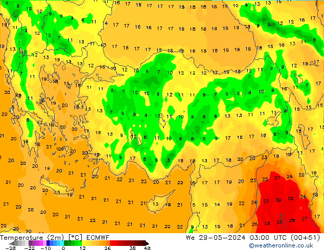 Temperatuurkaart (2m) ECMWF wo 29.05.2024 03 UTC