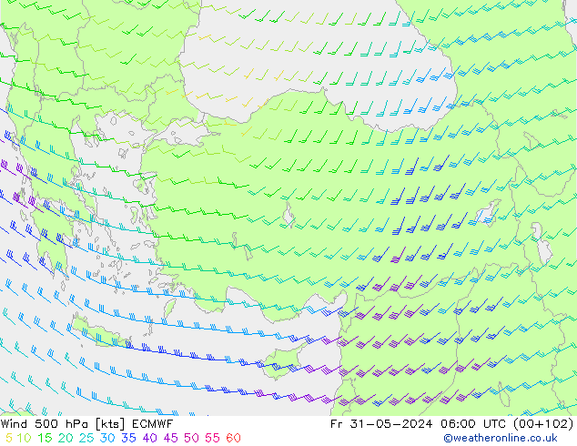 Wind 500 hPa ECMWF Fr 31.05.2024 06 UTC