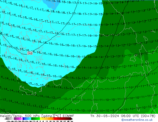 Z500/Rain (+SLP)/Z850 ECMWF jue 30.05.2024 06 UTC