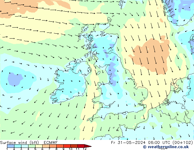 Vento 10 m (bft) ECMWF Sex 31.05.2024 06 UTC