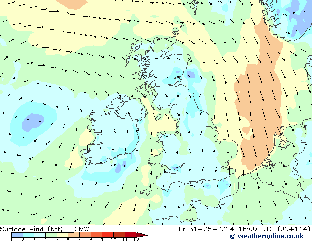 Vent 10 m (bft) ECMWF ven 31.05.2024 18 UTC