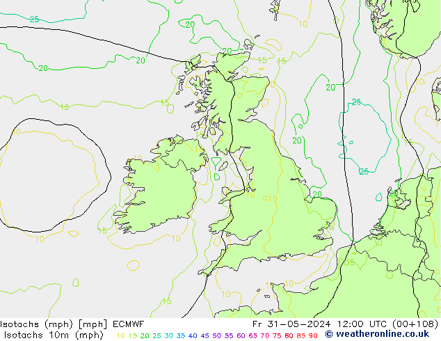 Isotachs (mph) ECMWF ven 31.05.2024 12 UTC