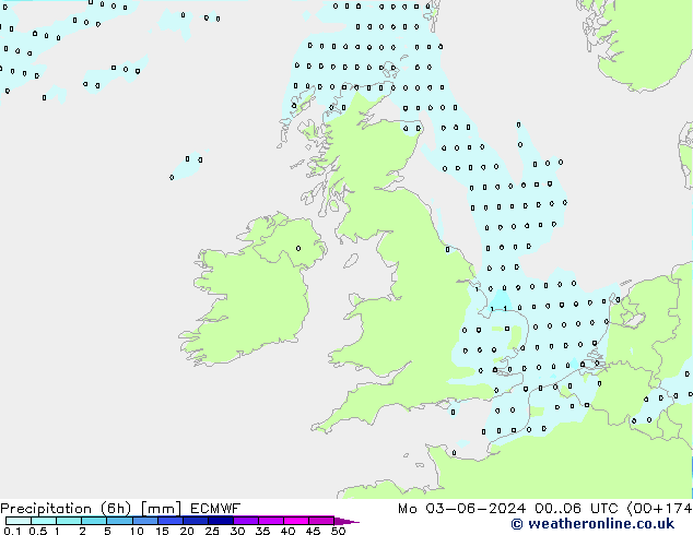 Precipitation (6h) ECMWF Mo 03.06.2024 06 UTC