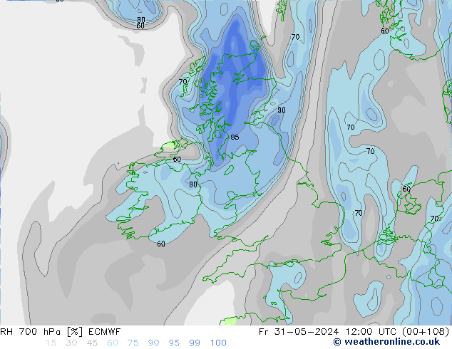 Humidité rel. 700 hPa ECMWF ven 31.05.2024 12 UTC