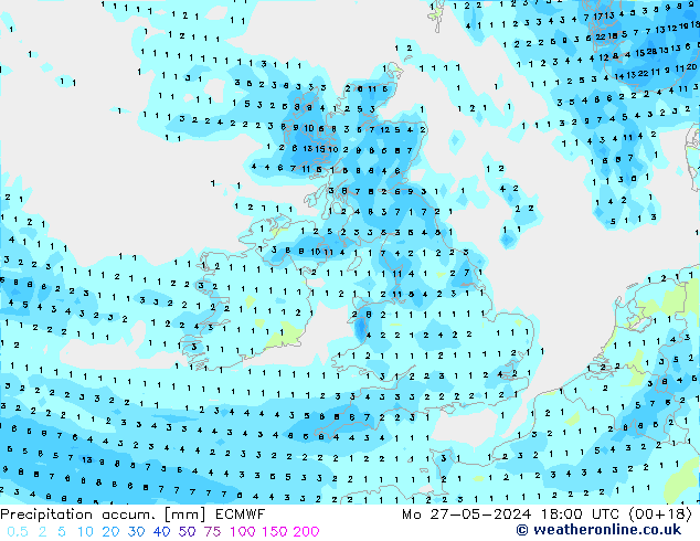 Precipitation accum. ECMWF пн 27.05.2024 18 UTC