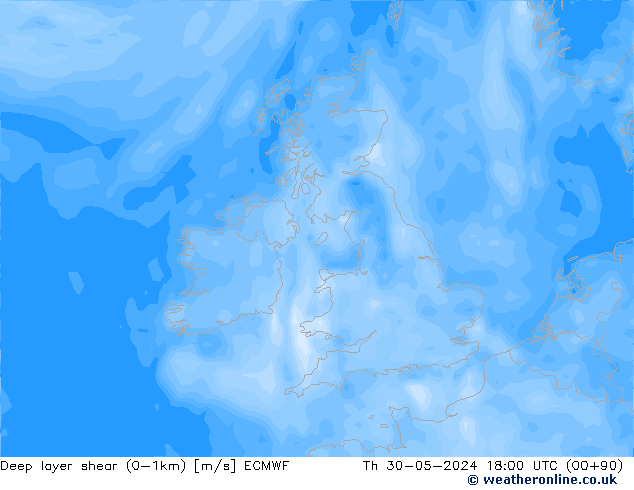 Deep layer shear (0-1km) ECMWF Čt 30.05.2024 18 UTC