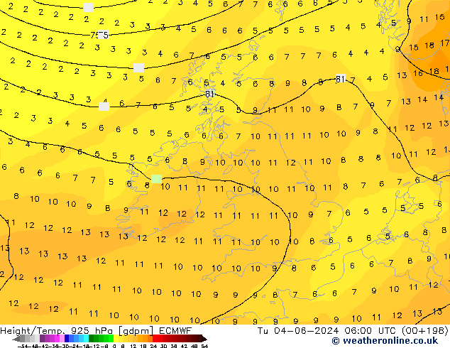 Yükseklik/Sıc. 925 hPa ECMWF Sa 04.06.2024 06 UTC