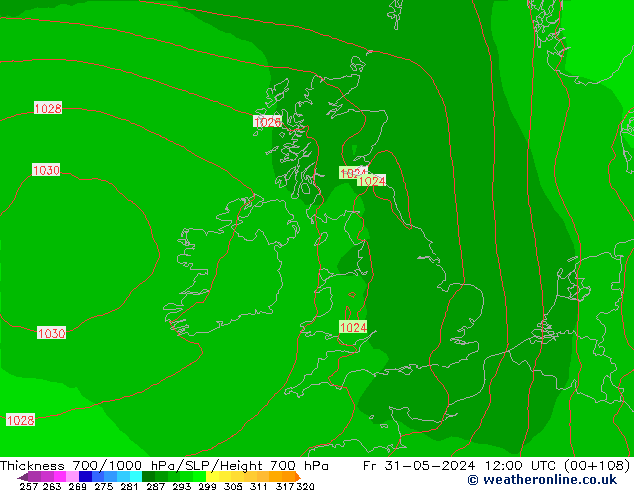 Thck 700-1000 hPa ECMWF Sex 31.05.2024 12 UTC