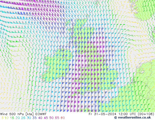 Vento 500 hPa ECMWF ven 31.05.2024 12 UTC