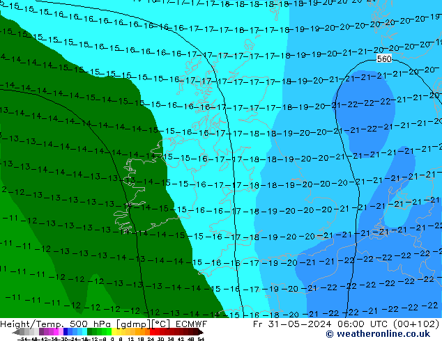 Height/Temp. 500 hPa ECMWF Pá 31.05.2024 06 UTC