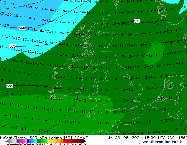 Height/Temp. 500 hPa ECMWF Mo 03.06.2024 18 UTC