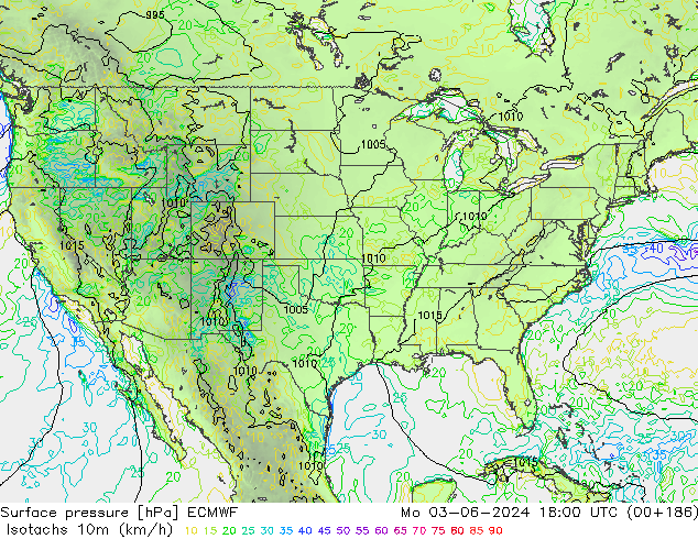 Izotacha (km/godz) ECMWF pon. 03.06.2024 18 UTC