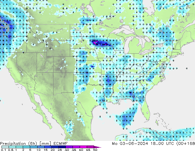 Precipitation (6h) ECMWF Mo 03.06.2024 00 UTC