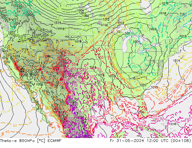 Theta-e 850hPa ECMWF  31.05.2024 12 UTC