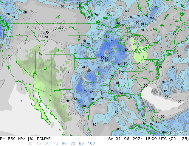 RH 850 hPa ECMWF sab 01.06.2024 18 UTC