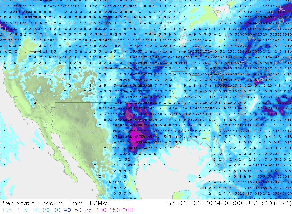 Precipitation accum. ECMWF сб 01.06.2024 00 UTC