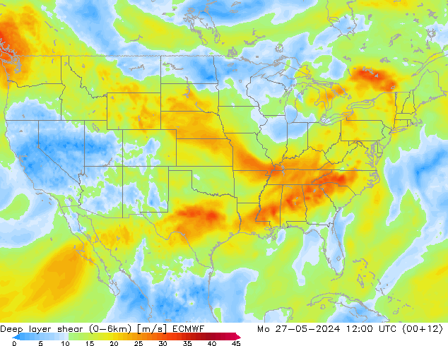 Deep layer shear (0-6km) ECMWF lun 27.05.2024 12 UTC