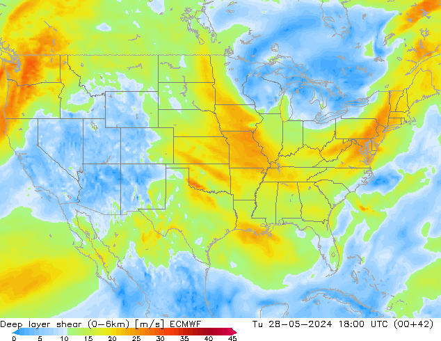 Deep layer shear (0-6km) ECMWF  28.05.2024 18 UTC