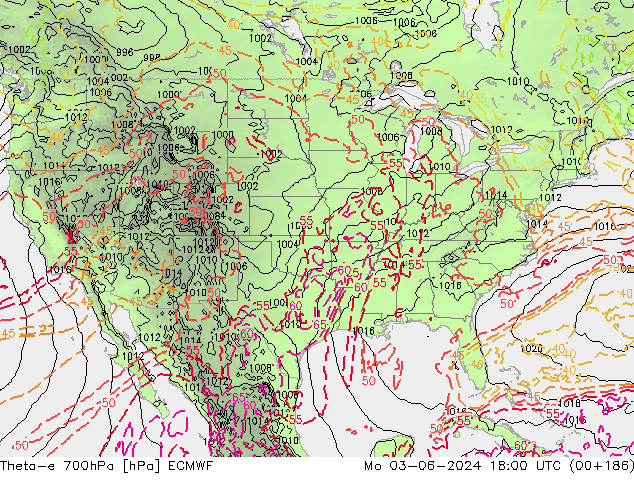 Theta-e 700hPa ECMWF pon. 03.06.2024 18 UTC