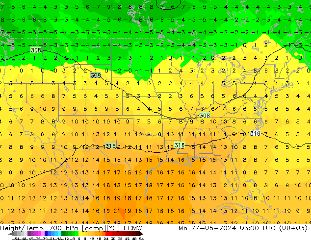 Height/Temp. 700 гПа ECMWF пн 27.05.2024 03 UTC