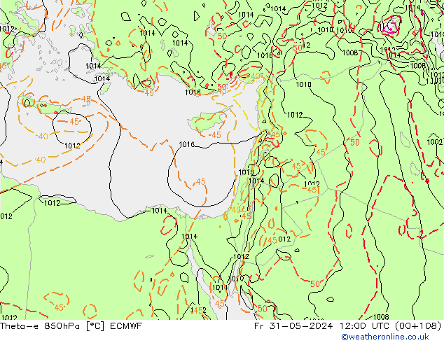 Theta-e 850hPa ECMWF  31.05.2024 12 UTC