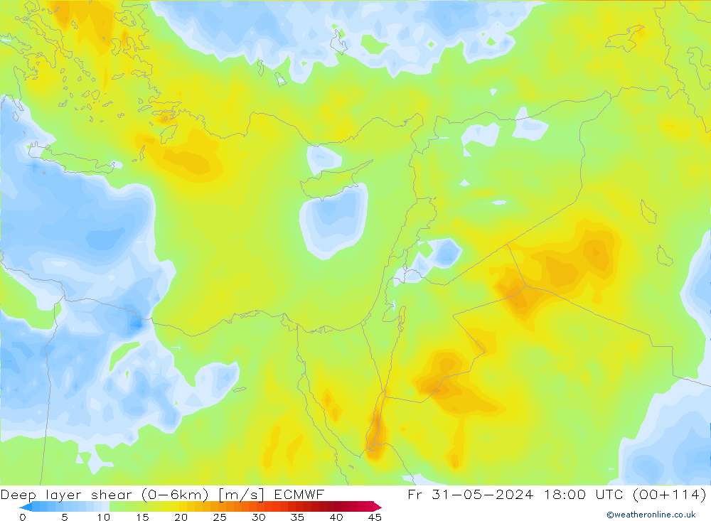 Deep layer shear (0-6km) ECMWF vr 31.05.2024 18 UTC