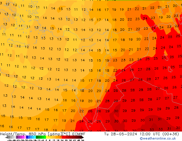 Z500/Yağmur (+YB)/Z850 ECMWF Sa 28.05.2024 12 UTC