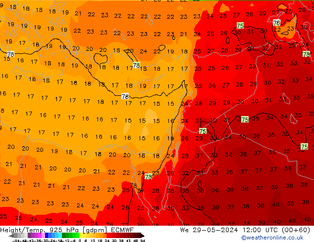 Height/Temp. 925 hPa ECMWF We 29.05.2024 12 UTC