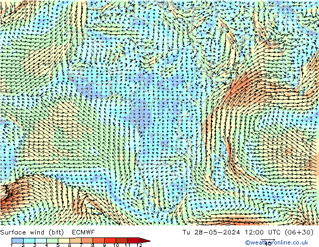 Vento 10 m (bft) ECMWF Ter 28.05.2024 12 UTC