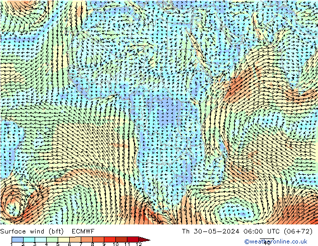 Surface wind (bft) ECMWF Th 30.05.2024 06 UTC