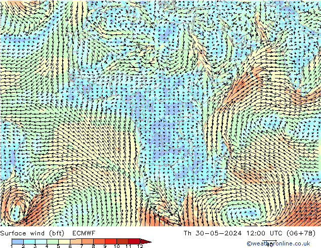 Vento 10 m (bft) ECMWF Qui 30.05.2024 12 UTC