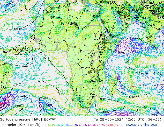 Isotachs (kph) ECMWF Ter 28.05.2024 12 UTC