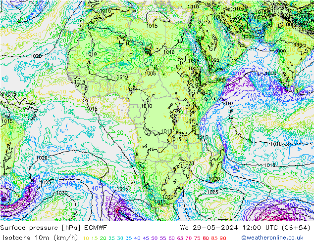 Isotachs (kph) ECMWF St 29.05.2024 12 UTC