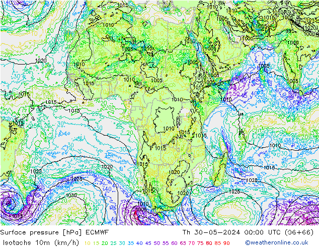 Isotachs (kph) ECMWF чт 30.05.2024 00 UTC