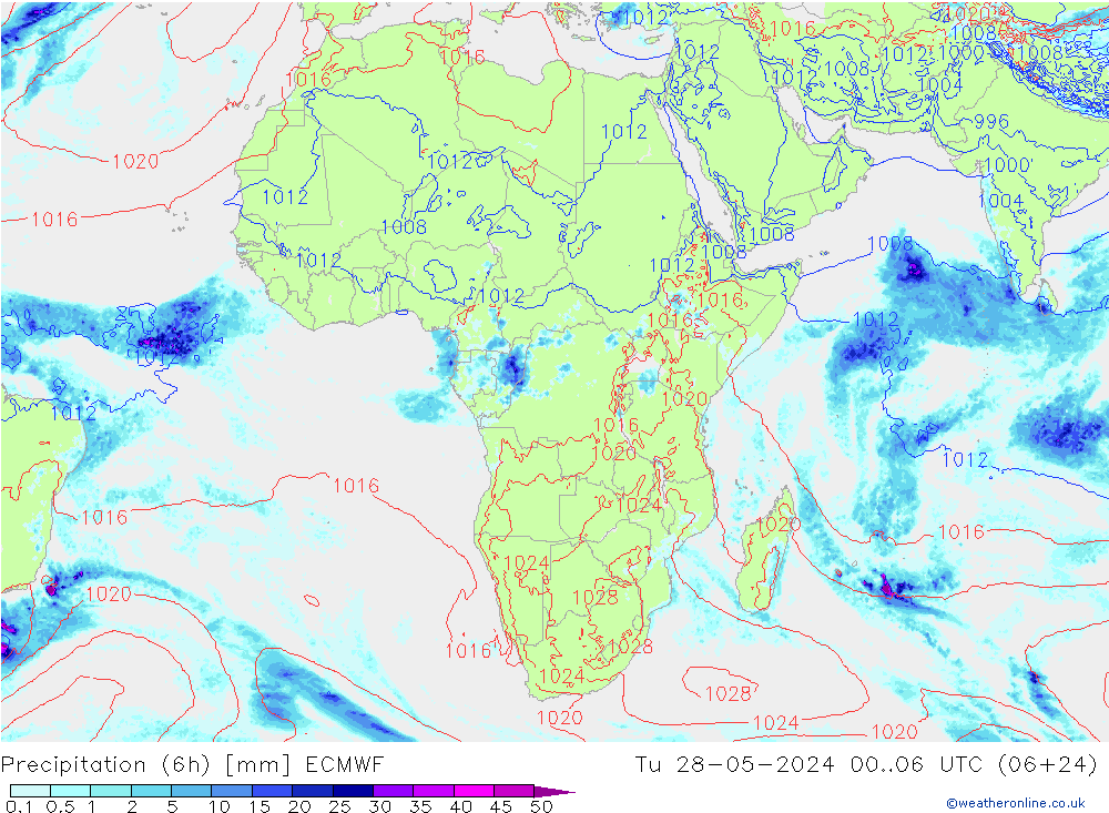 Precipitation (6h) ECMWF Út 28.05.2024 06 UTC