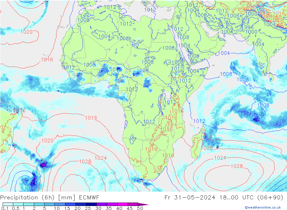 Precipitation (6h) ECMWF Fr 31.05.2024 00 UTC