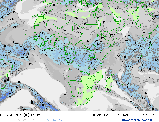 Humidité rel. 700 hPa ECMWF mar 28.05.2024 06 UTC